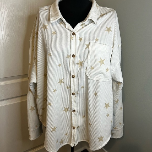 Wishlist Apparel White Corduroy Oversized Shacket Stars Button Cuff Womens M/L - Picture 3 of 8